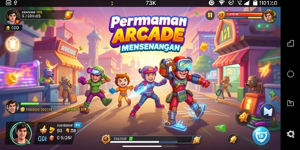 Tampilan gameplay seru dari 73K dengan aksi arcade yang menarik.
