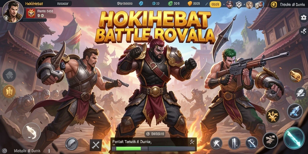 Screenshot gameplay HOKIHEBAT menampilkan aksi intens di medan battle royale.