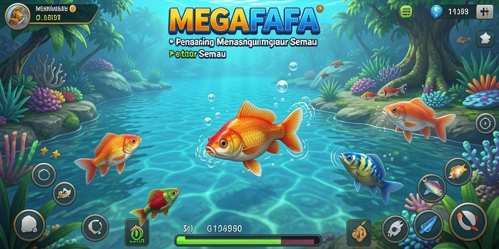 Tampilan gameplay seru MEGAFAFA saat memancing di lautan yang indah.